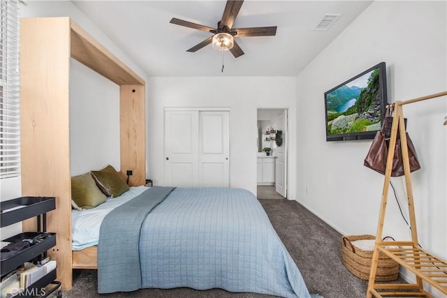 30219 Old Mill Rd, Menifee, CA 92584 - bedroom featuring carpet flooring, ensuite bathroom, a closet, baseboards, and ceiling fan