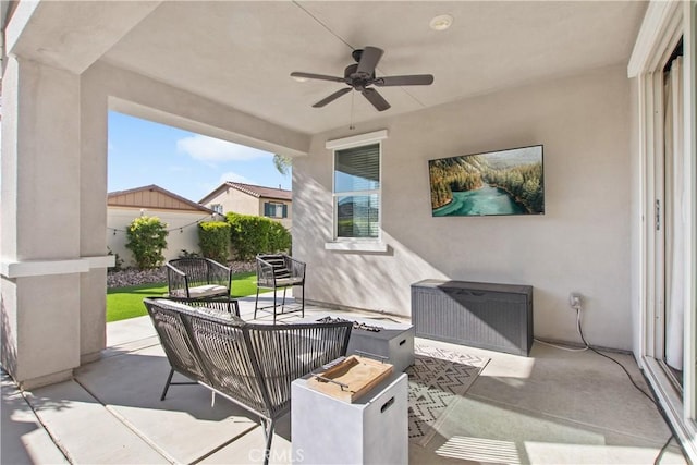 30219 Old Mill Rd, Menifee, CA 92584 - view of patio / terrace featuring a ceiling fan and outdoor lounge area