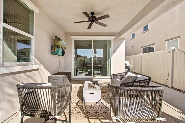 30219 Old Mill Rd, Menifee, CA 92584 - view of patio with ceiling fan and an outdoor living space with a fire pit