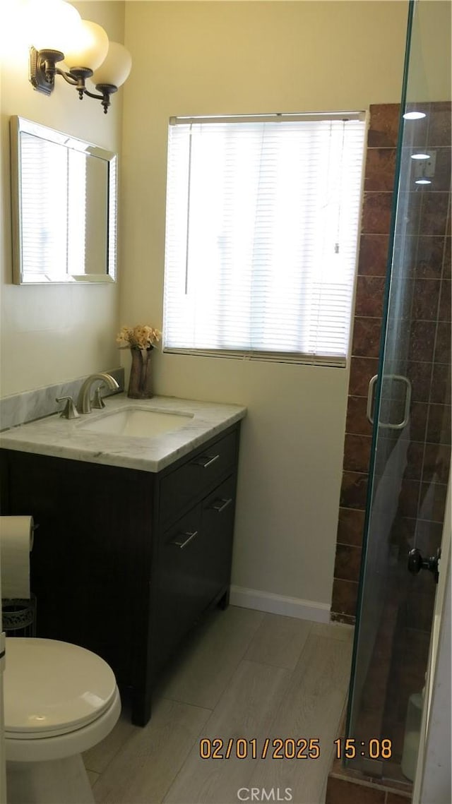 bathroom with vanity, walk in shower, and toilet