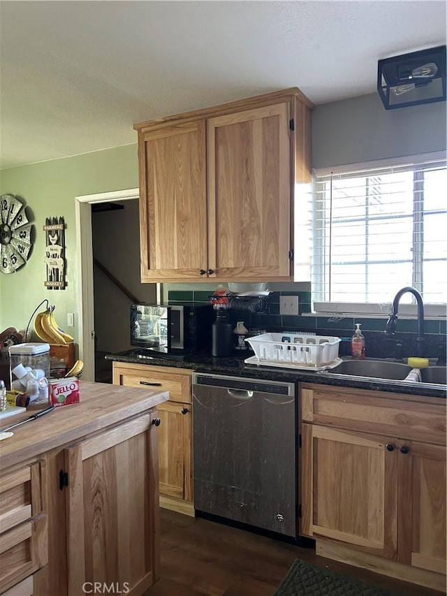 kitchen featuring sink, stainless steel dishwasher, backsplash, and dark hardwood / wood-style floors