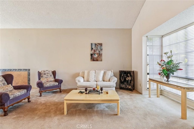 living room featuring lofted ceiling, carpet, and a textured ceiling