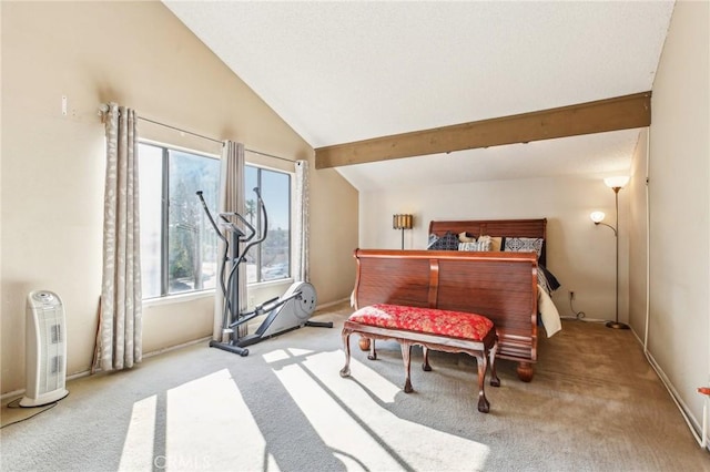 bedroom with vaulted ceiling with beams, carpet floors, and baseboards