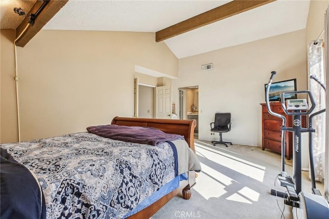 bedroom with lofted ceiling with beams, carpet flooring, and visible vents