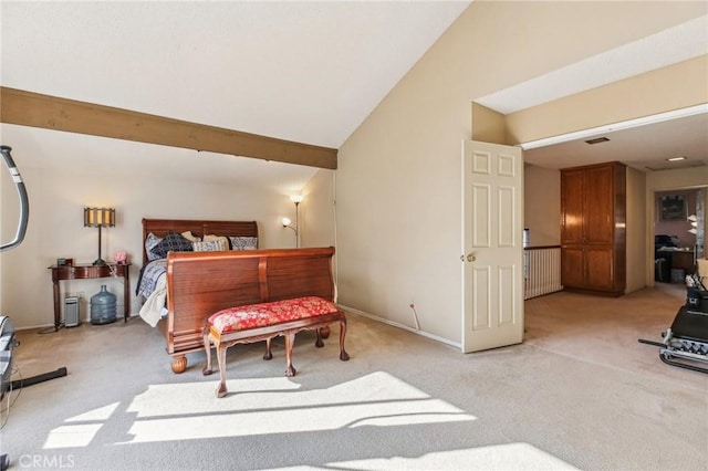 carpeted bedroom featuring high vaulted ceiling, visible vents, and baseboards