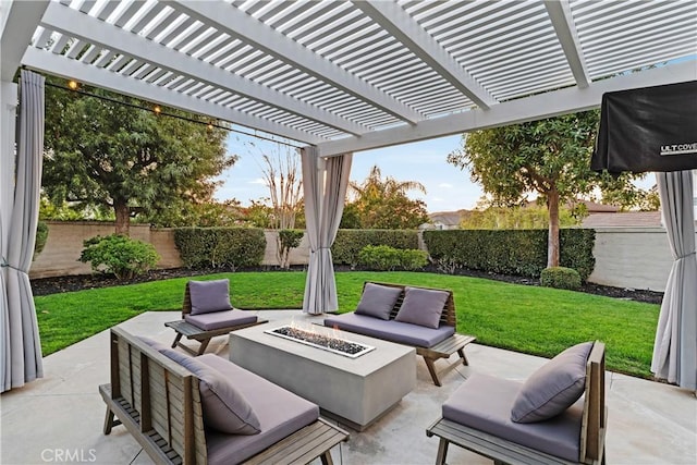 view of patio / terrace with a pergola and an outdoor living space with a fire pit