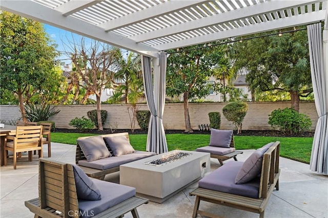 view of patio featuring a pergola and an outdoor living space with a fire pit