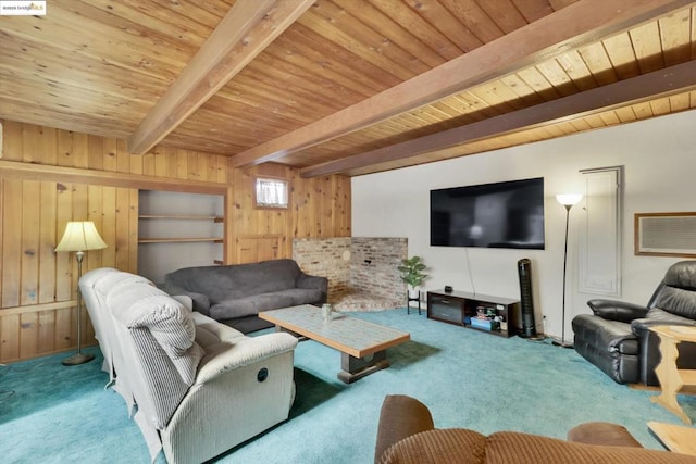 living room featuring wood ceiling, wooden walls, beam ceiling, and carpet