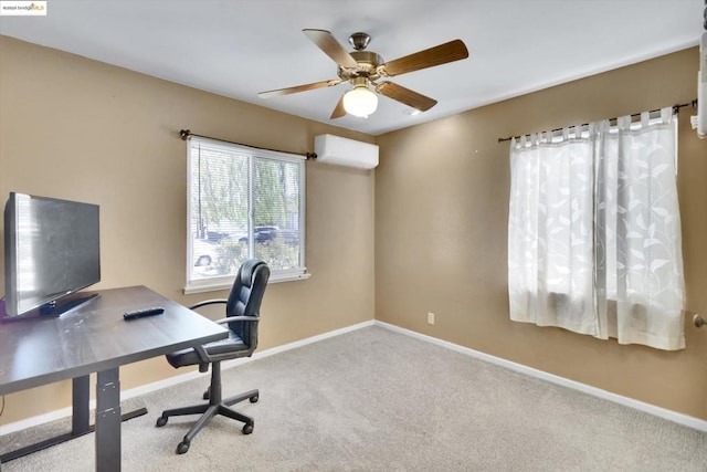 carpeted office with a wall mounted air conditioner and ceiling fan