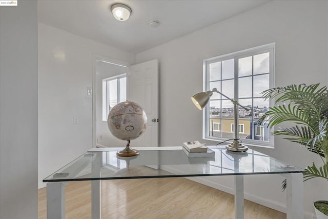 home office with hardwood / wood-style flooring