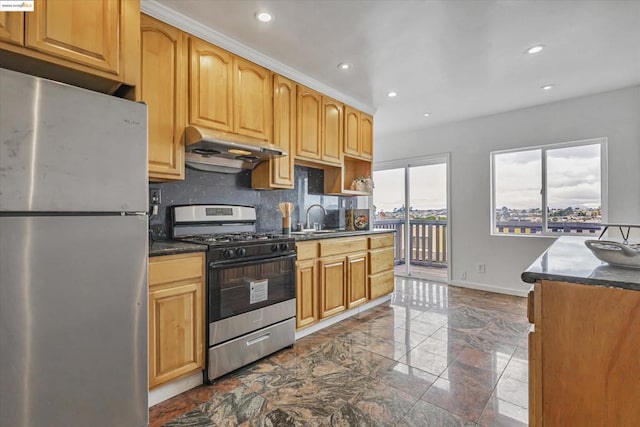 kitchen with stainless steel appliances, sink, and decorative backsplash