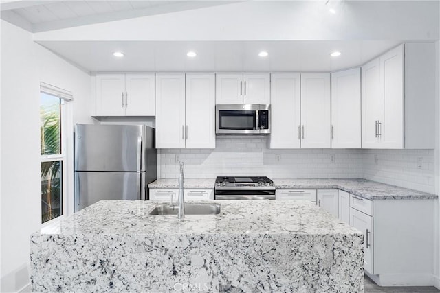 217 10th St, Seal Beach, CA 90740 - kitchen featuring stainless steel appliances, a sink, white cabinets, backsplash, and recessed lighting