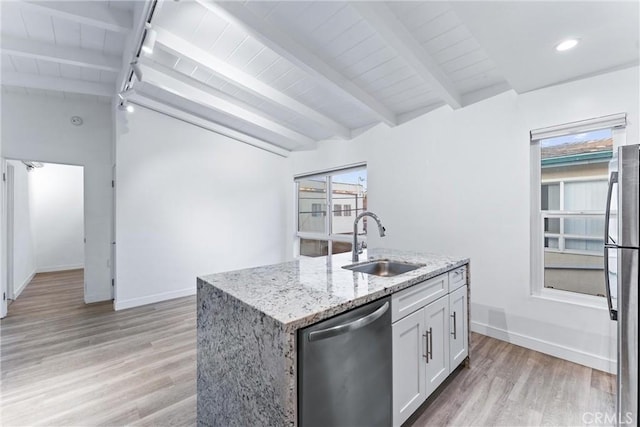 217 10th St, Seal Beach, CA 90740 - kitchen with stainless steel appliances, a sink, light wood-style flooring, white cabinets, and wood ceiling