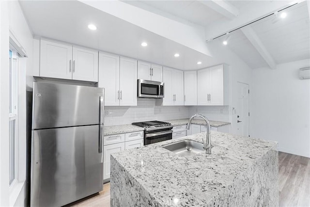 217 10th St, Seal Beach, CA 90740 - kitchen with stainless steel appliances, a sink, rail lighting, light wood-style flooring, and tasteful backsplash