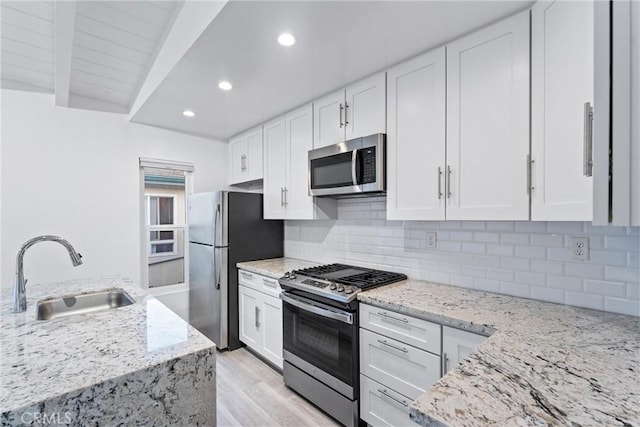 217 10th St, Seal Beach, CA 90740 - kitchen featuring stainless steel appliances, a sink, light wood finished floors, white cabinetry, and backsplash
