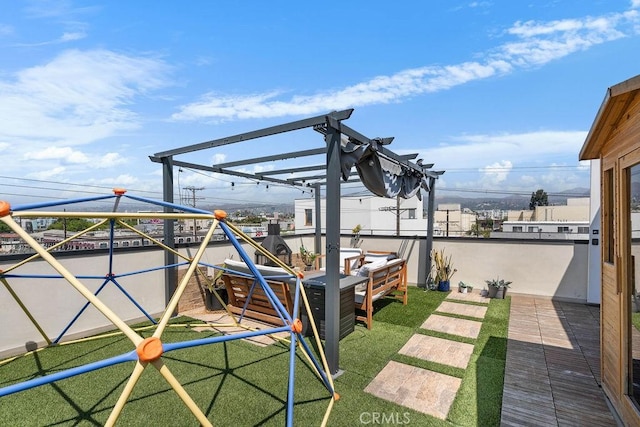 view of jungle gym with a pergola