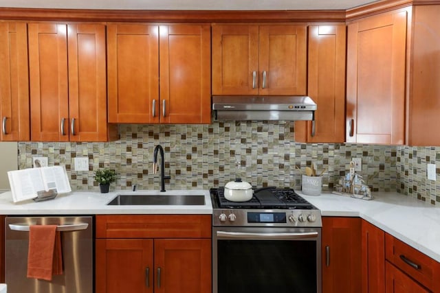 kitchen featuring appliances with stainless steel finishes, sink, backsplash, and range hood