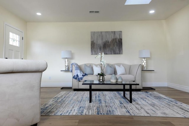 living room featuring wood-type flooring and a skylight