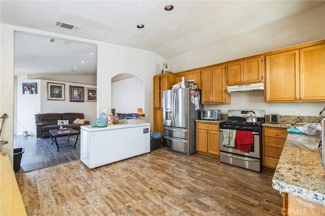 kitchen featuring stainless steel appliances, wood-type flooring, vaulted ceiling, and light stone countertops