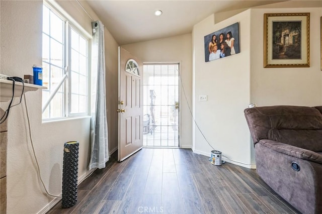 entryway with lofted ceiling, dark hardwood / wood-style flooring, and a wealth of natural light