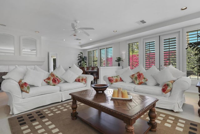 living room featuring ceiling fan