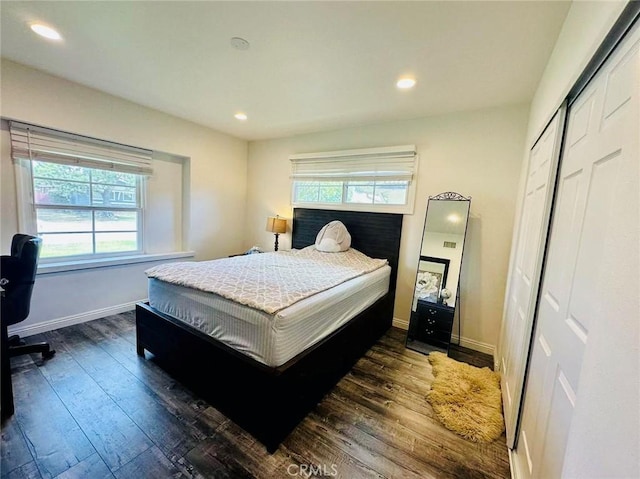 bedroom featuring a closet, dark hardwood / wood-style floors, and multiple windows