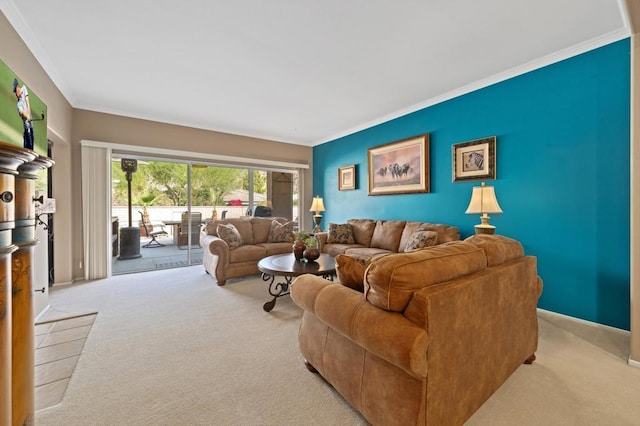 living room with ornamental molding and light carpet