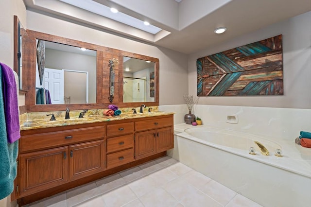 bathroom with vanity, separate shower and tub, and tile patterned flooring