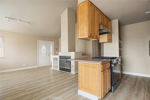 284 Davos Dr, Crestline, CA 92325 - kitchen featuring black gas range oven, light wood finished floors, under cabinet range hood, and a glass covered fireplace