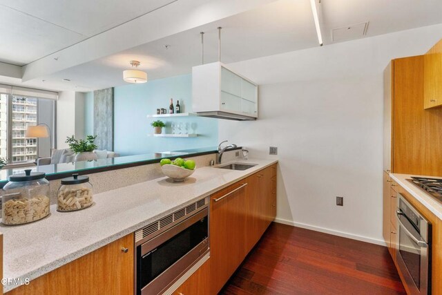 kitchen featuring stainless steel appliances, light stone countertops, dark hardwood / wood-style floors, and sink