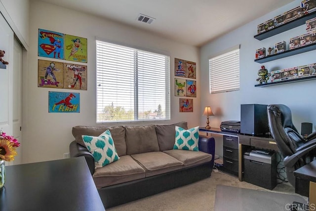 view of carpeted home office