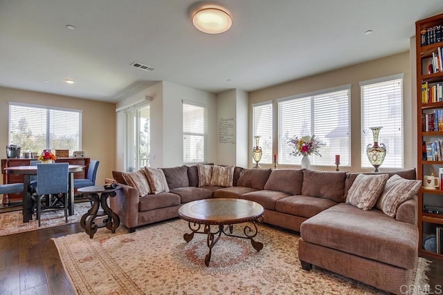 living room with dark hardwood / wood-style flooring