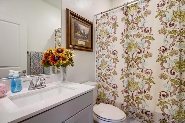 bathroom featuring a shower with curtain, vanity, and toilet