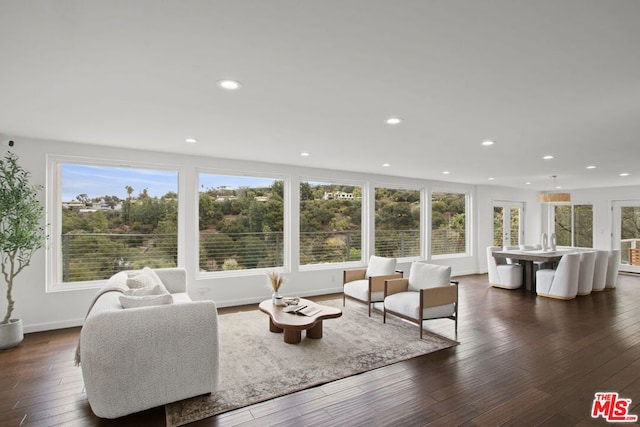 living room with a healthy amount of sunlight and dark hardwood / wood-style flooring