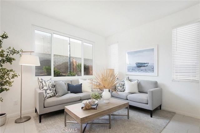 living room with light tile patterned flooring