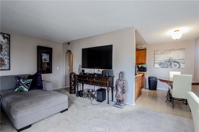 carpeted living room featuring a textured ceiling