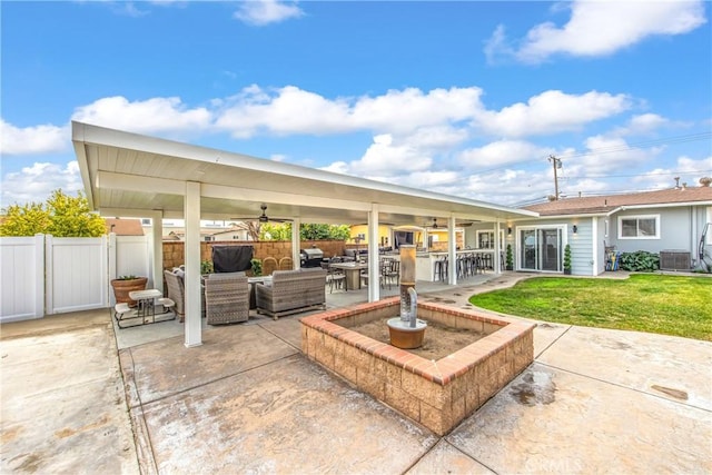 view of patio with an outdoor hangout area, central air condition unit, ceiling fan, and a bar