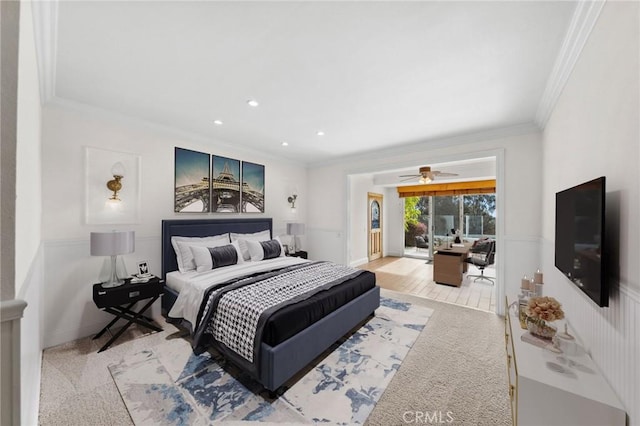 carpeted bedroom with crown molding and recessed lighting