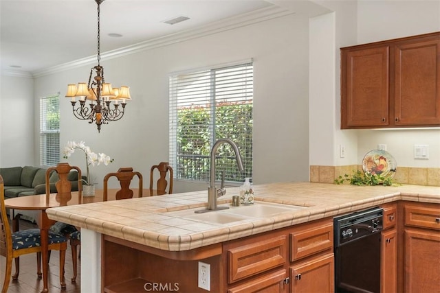 kitchen featuring a peninsula, a sink, visible vents, black dishwasher, and ornamental molding