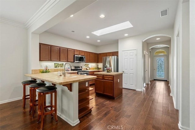 kitchen featuring stainless steel appliances, a peninsula, a skylight, a sink, and dark wood finished floors