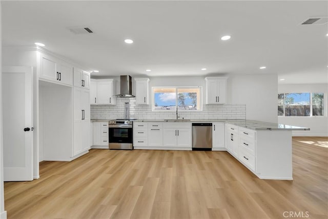 kitchen featuring sink, white cabinetry, appliances with stainless steel finishes, kitchen peninsula, and wall chimney range hood