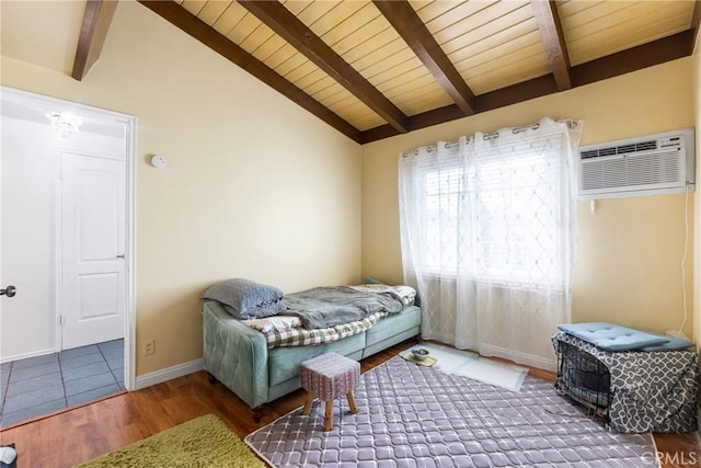 bedroom featuring lofted ceiling with beams, an AC wall unit, dark wood-type flooring, and wooden ceiling