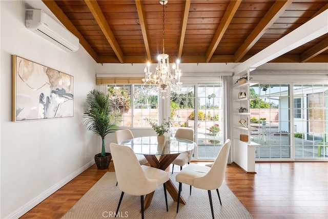 dining space featuring an AC wall unit, wood-type flooring, vaulted ceiling with beams, wooden ceiling, and an inviting chandelier