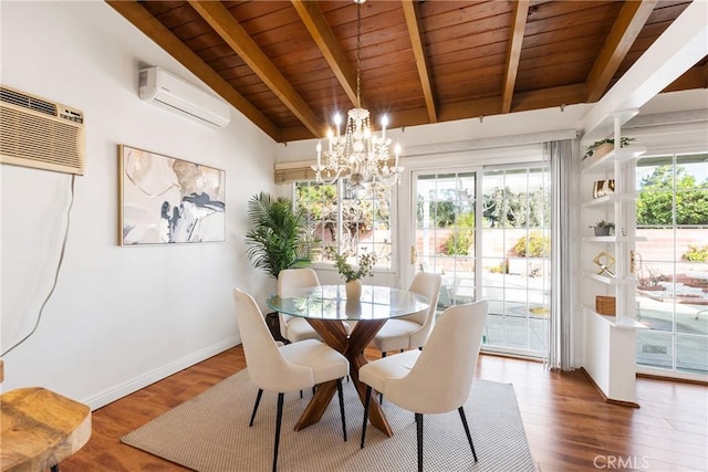 dining room with an AC wall unit, plenty of natural light, and vaulted ceiling with beams