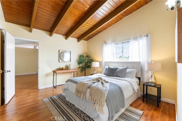 bedroom with wood-type flooring, vaulted ceiling with beams, and wood ceiling