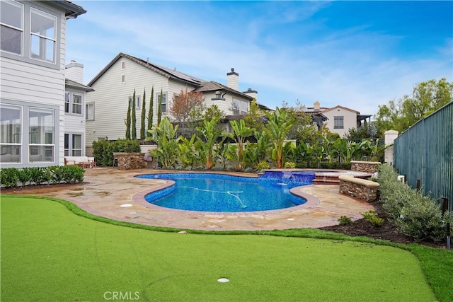 view of swimming pool featuring a fenced in pool, a hot tub, a fenced backyard, and a patio area