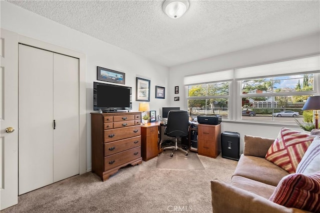 carpeted office featuring a textured ceiling