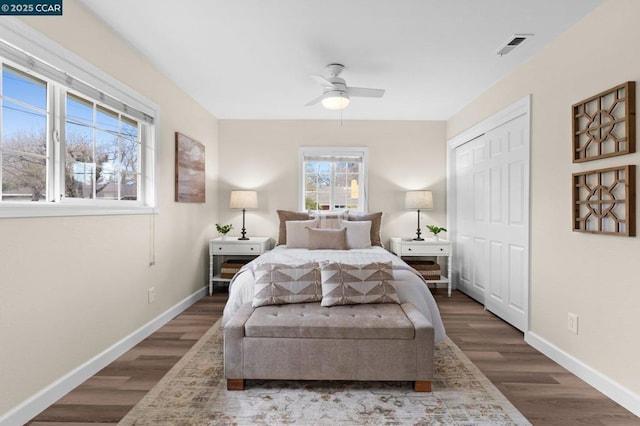 bedroom featuring dark wood-type flooring, ceiling fan, and a closet