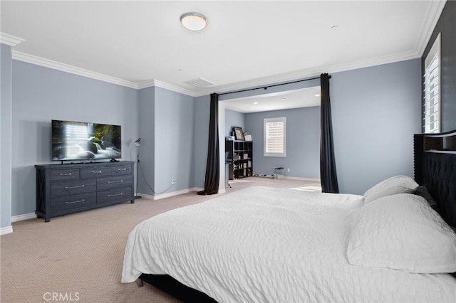 bedroom featuring light colored carpet and ornamental molding