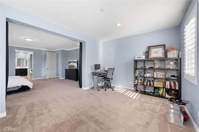 carpeted office space featuring ornamental molding